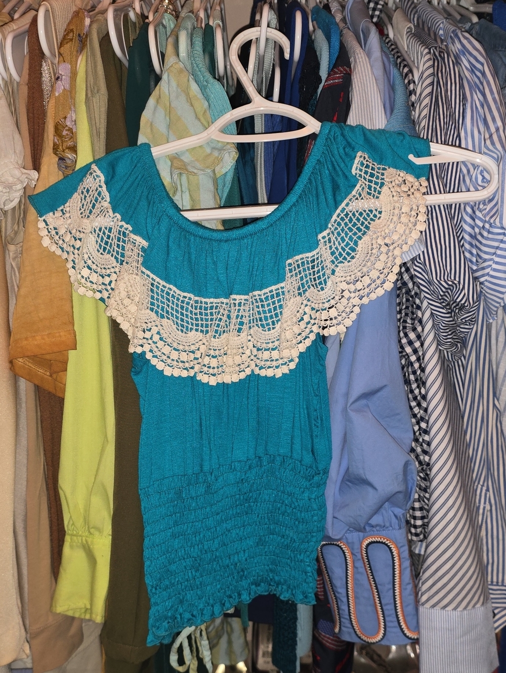 Women’s Teal Off-Shoulder Top with Crochet Trim